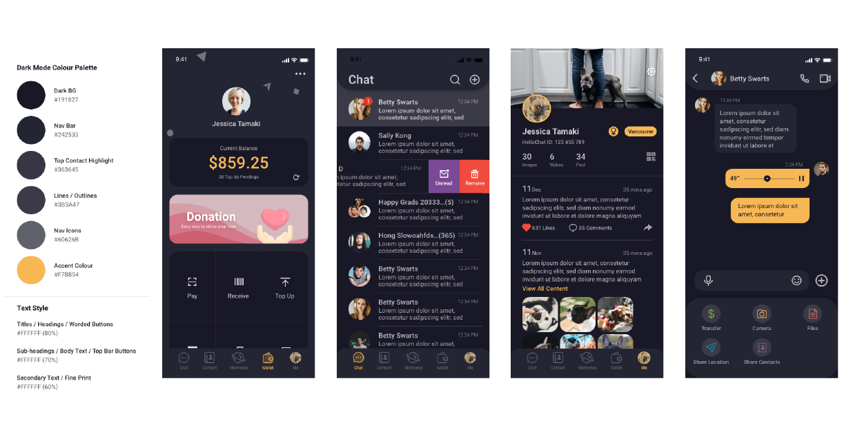 Dark mode colour palette mockup with key screens.
