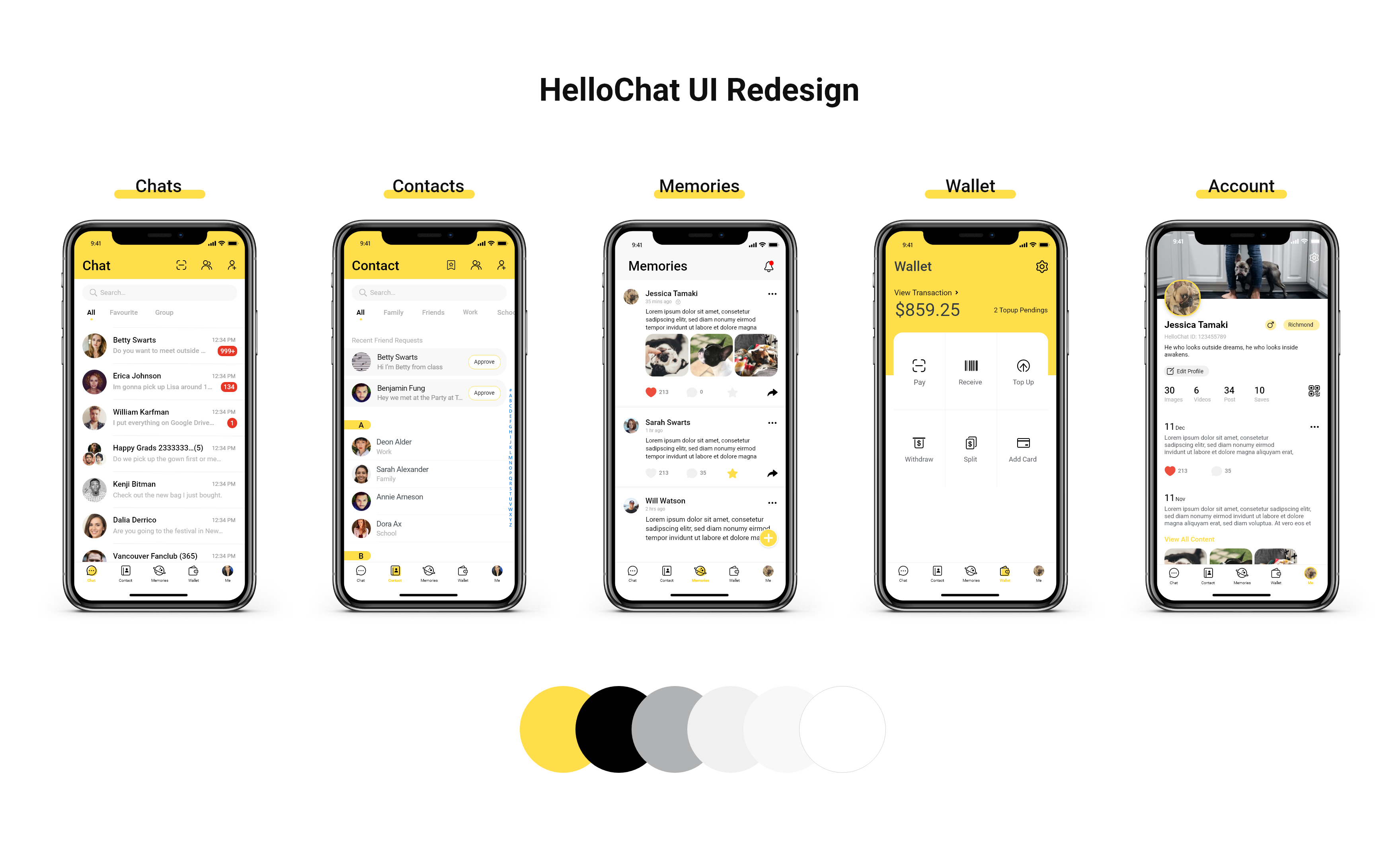 Dark mode colour palette mockup with key screens.