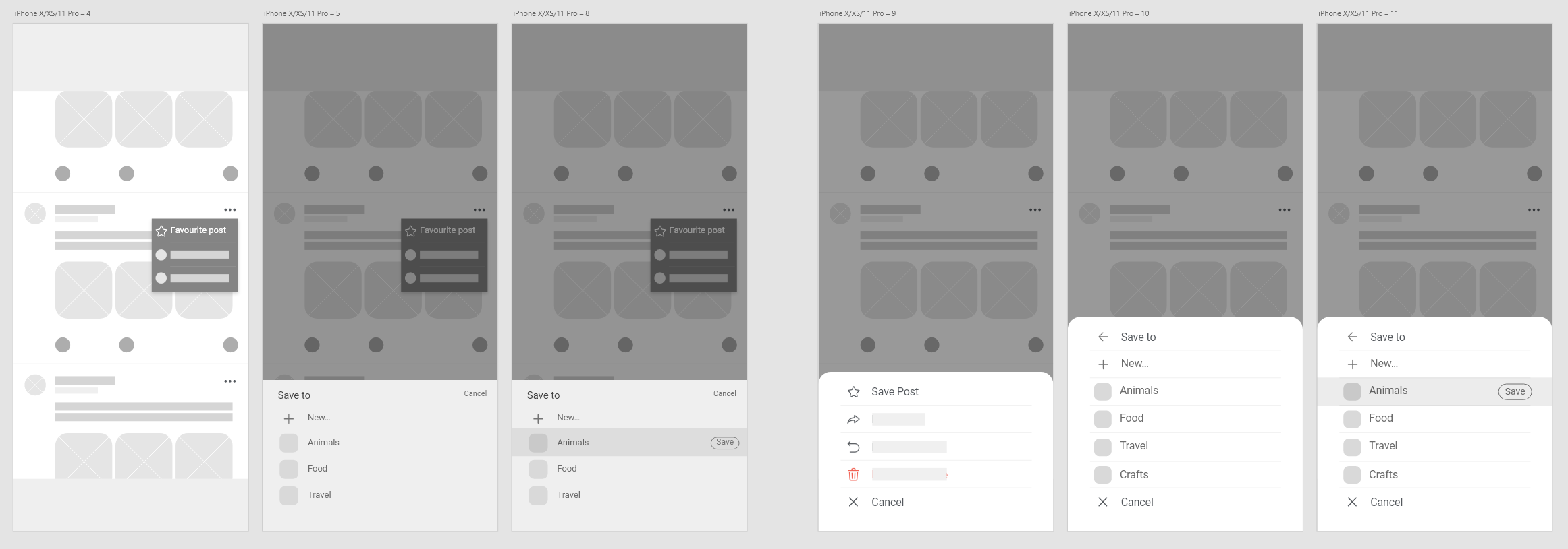 Wireframes for saving a post to your favourites.