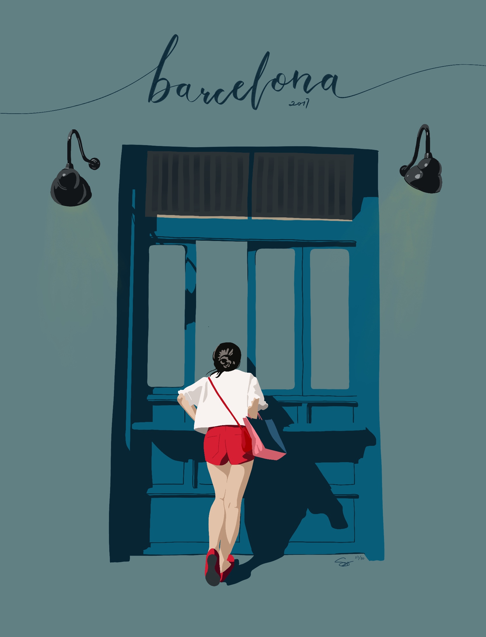 illustration of a girl by a blue window