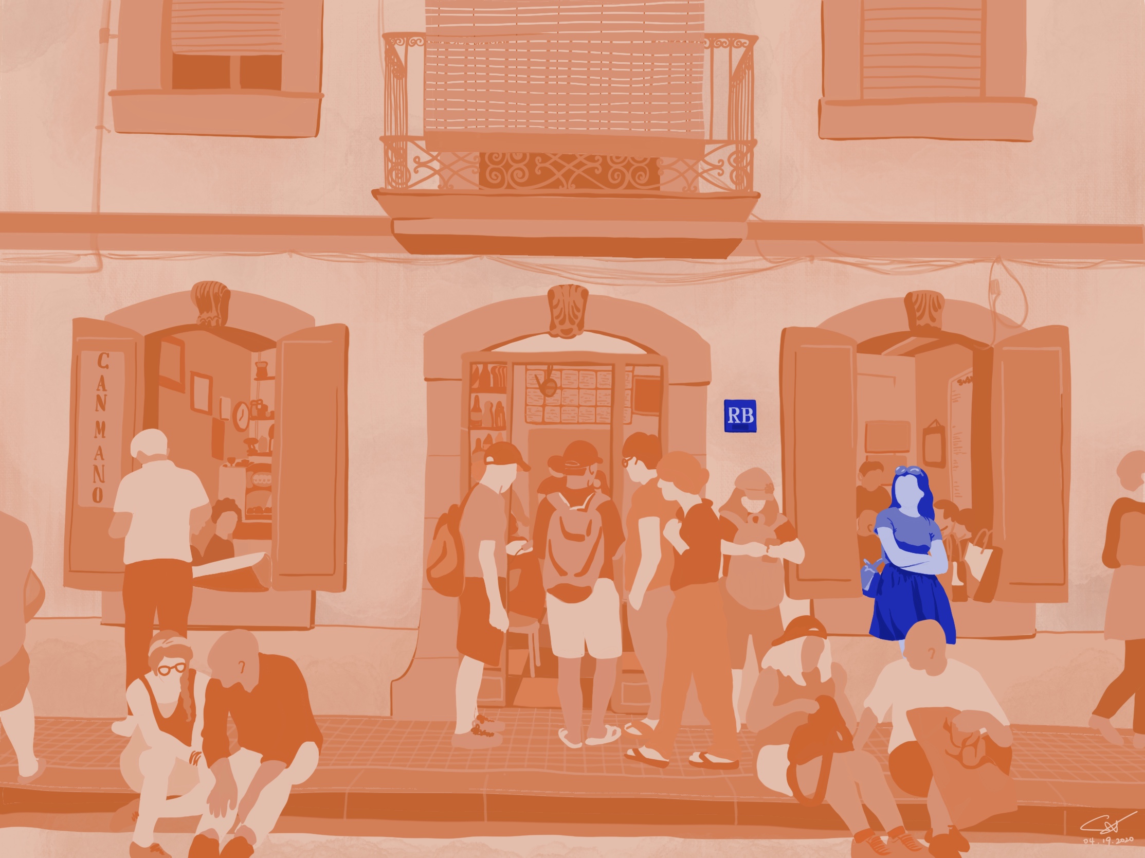 Illustration of a girl in a crowd of people, orange colour